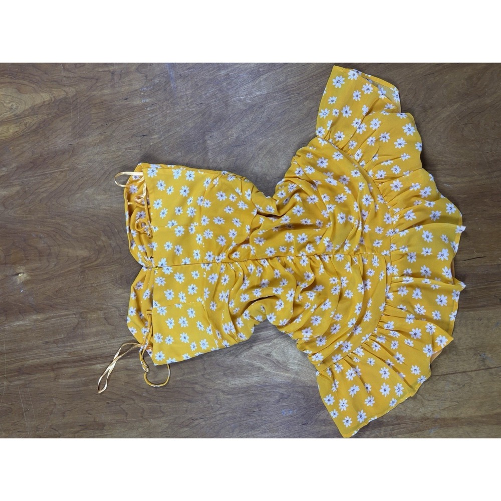Saints + Secrets Yellow Floral Mini Dress Ruched Cutout Ruffle Hem Size L Y2K - Picture 3 of 4